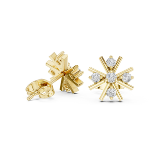 Pair-Shot: Snowflake Diamond Earrings with Prong Setting in 14k Yellow Gold - Lab Grown - Driona Jewels
