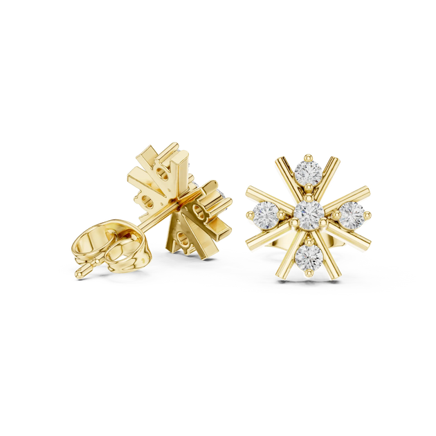 Pair-Shot: Snowflake Diamond Earrings with Prong Setting in 14k Yellow Gold - Lab Grown - Driona Jewels