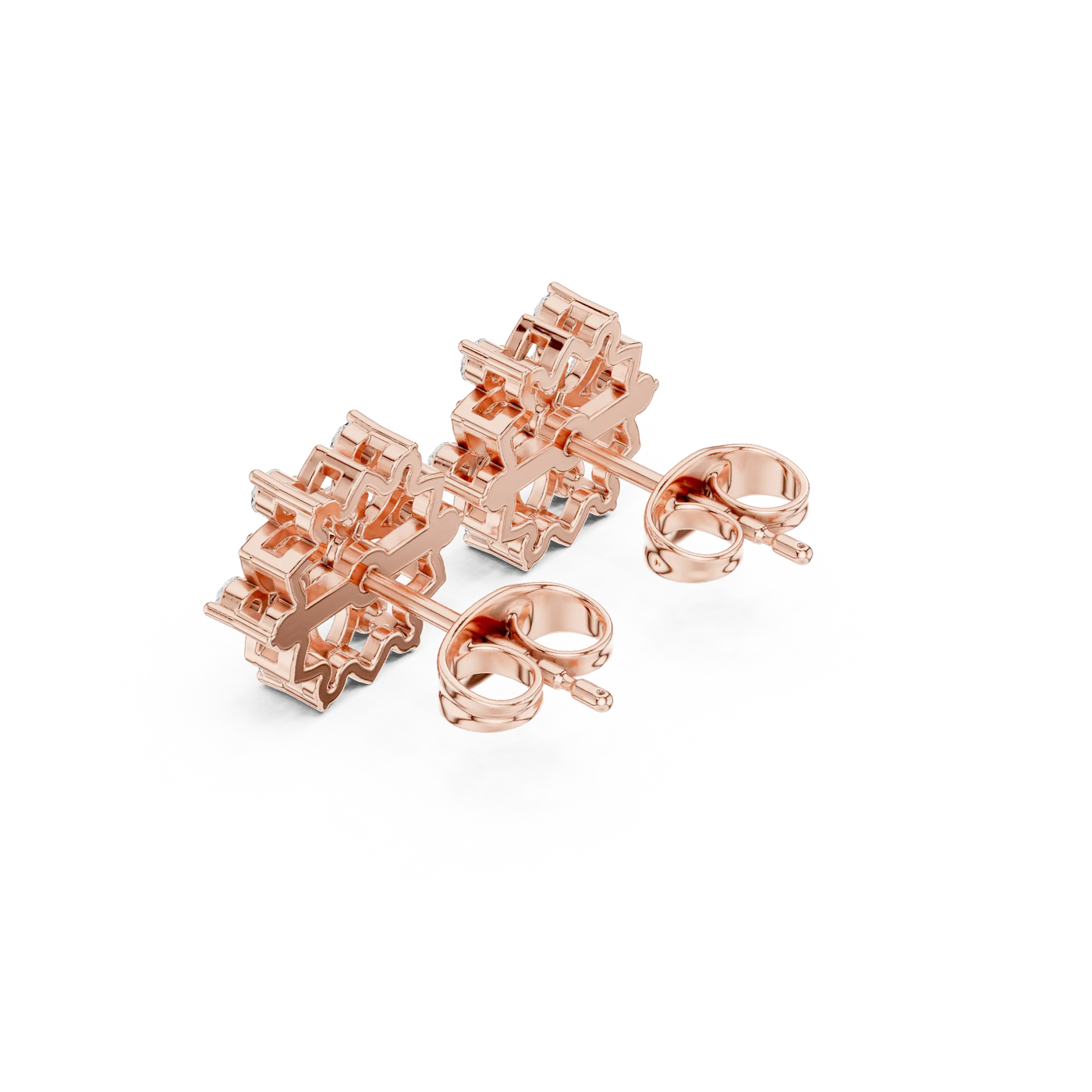 Pair-Shot: Snowflake Diamond Earrings with Stud Setting in 14k Rose Gold - Lab Grown - Driona Jewels