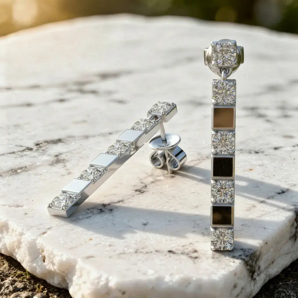 Pair Shot: Square Diamond Earrings with Channel Setting in 14k White Gold - Lab Grown - Driona Jewels