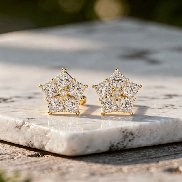 Pair Shot: Star Diamond Earrings with Stud Setting in 14k Yellow Gold - Lab Grown - Driona Jewels