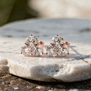 Close-up: Trillion Diamond Earrings with Cluster Setting in 14k Rose Gold - Lab Grown - Driona Jewels
