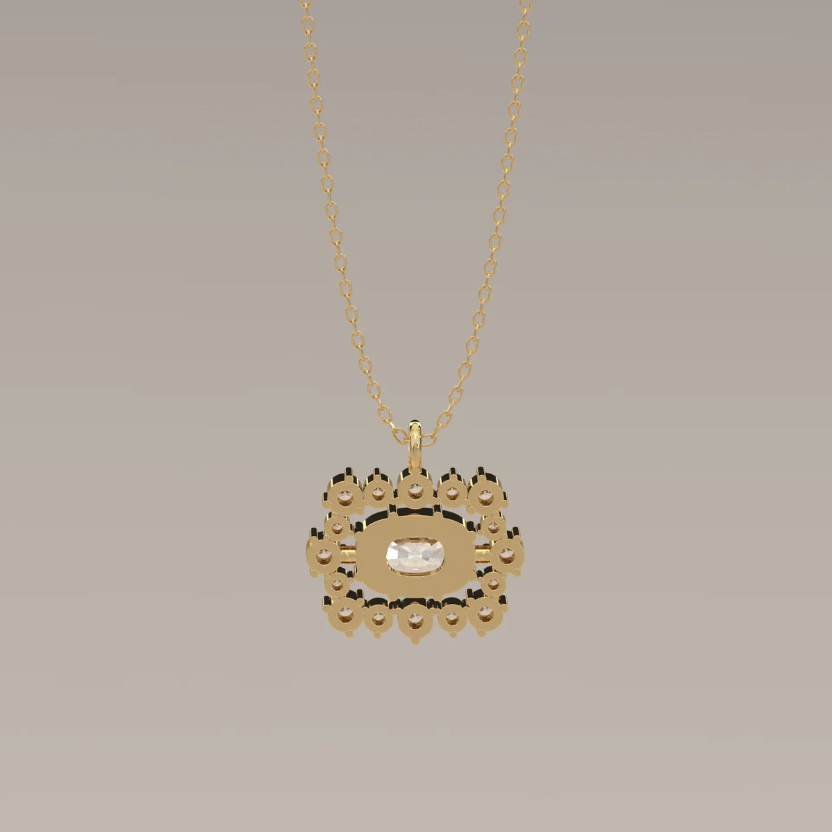 East West Cushion Lab Grown Diamond Pendant with Round Diamond Rows in yellow gold, photographed head-on.