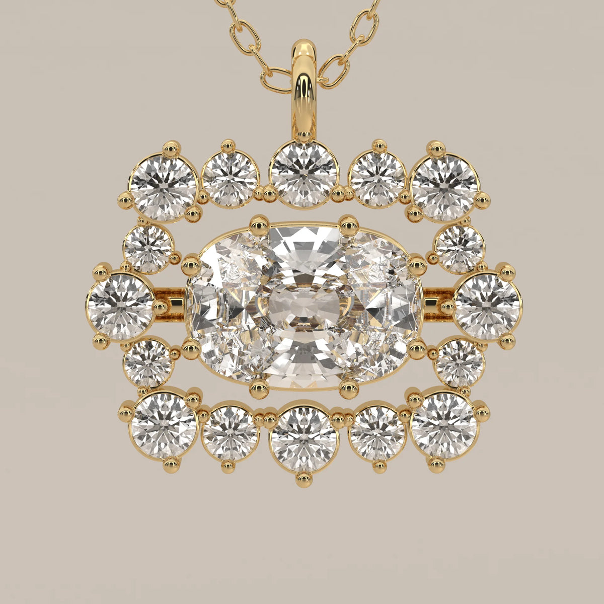 East West Cushion Lab Grown Diamond Pendant with Round Diamond Rows in yellow gold, front view on a plain background.