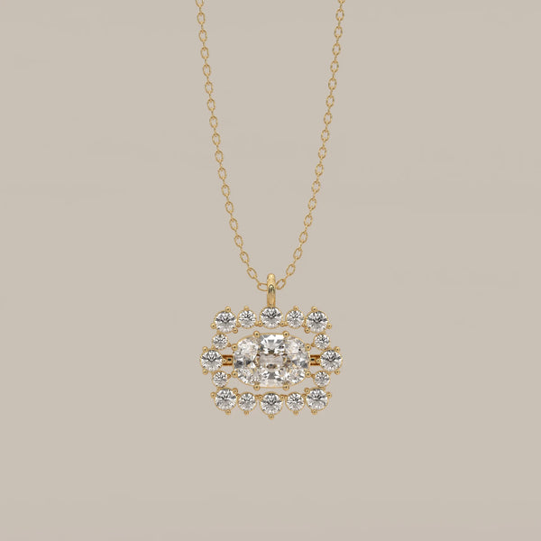East West Cushion Lab Grown Diamond Pendant with Round Diamond Rows in yellow gold, shown from the front.
