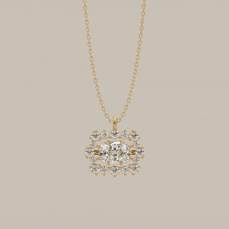 East West Cushion Lab Grown Diamond Pendant with Round Diamond Rows in yellow gold, shown from the front.