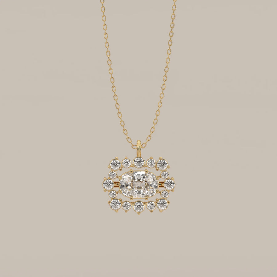 East West Cushion Lab Grown Diamond Pendant with Round Diamond Rows in yellow gold, shown from the front.