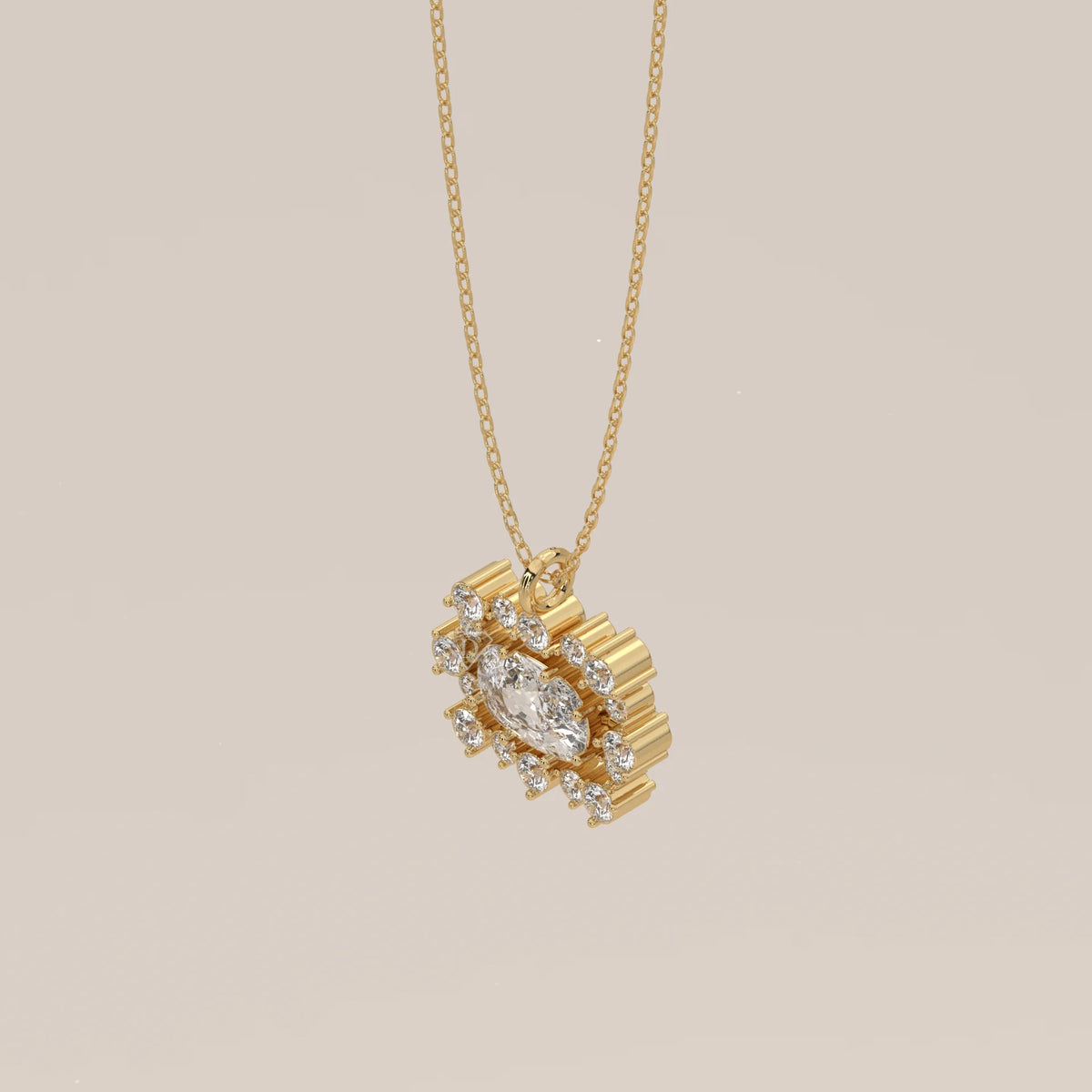East West Cushion Lab Grown Diamond Pendant with Round Diamond Rows in yellow gold, shown from the side.