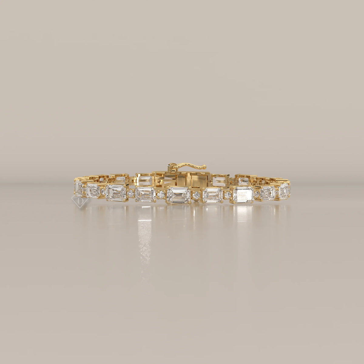 East West Emerald Cut Lab Grown Diamond Bracelet with Round Accents in yellow gold, shown from the front.