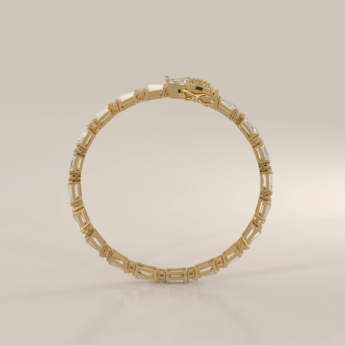East West Emerald Cut Lab Grown Diamond Bracelet with Round Accents in yellow gold, side profile view.