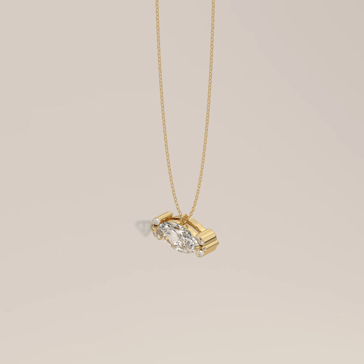 East West Marquise Lab Grown Diamond Pendant with Leaf Clusters in yellow gold, shown at an angle.