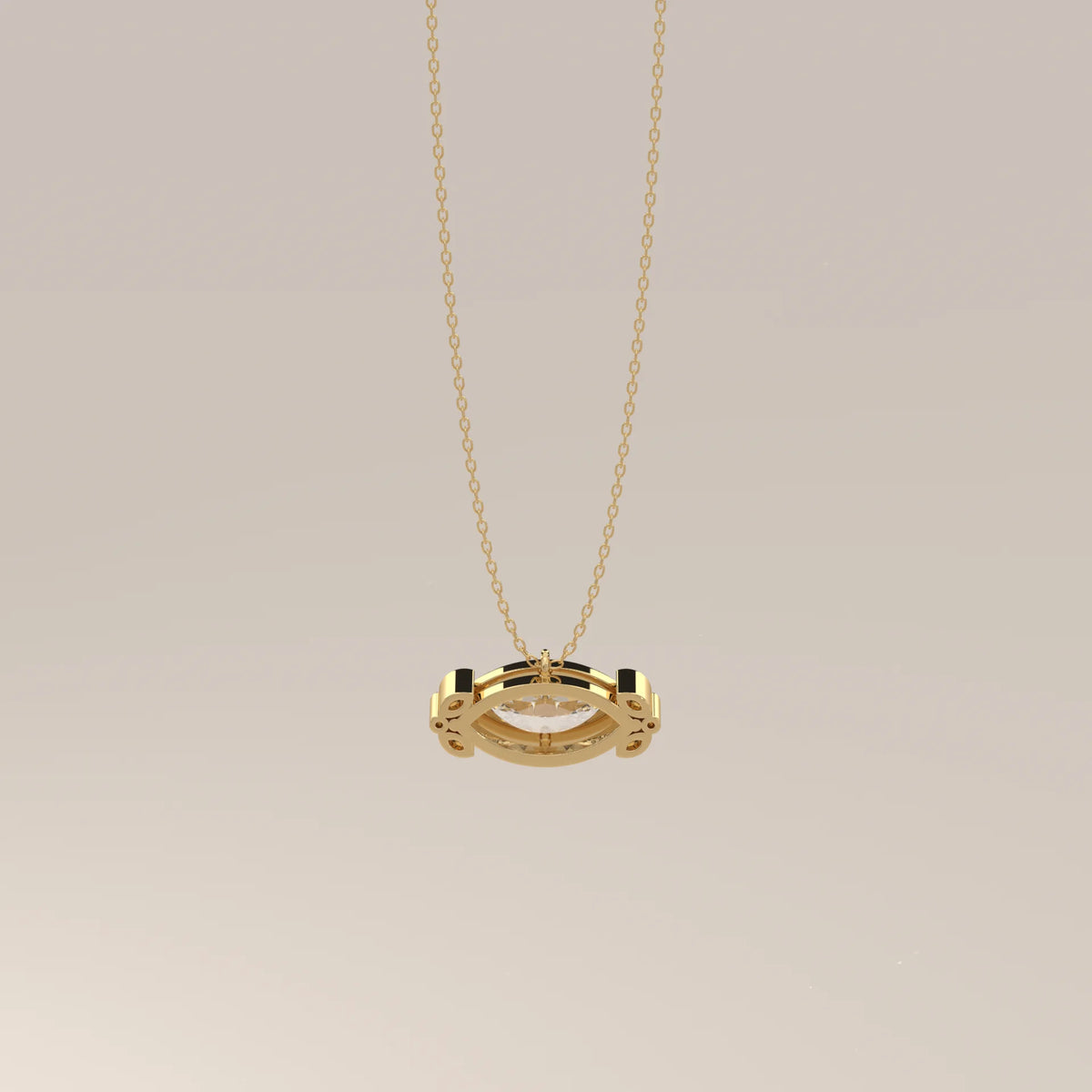 East West Marquise Lab Grown Diamond Pendant with Leaf Clusters in yellow gold, photographed head-on.