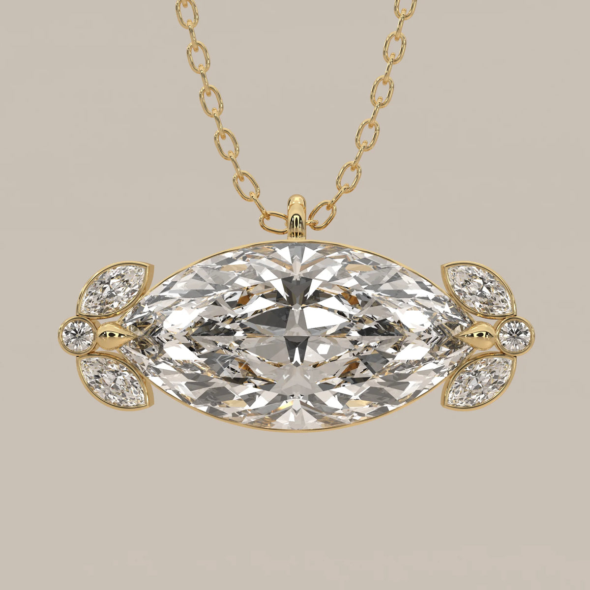 East West Marquise Lab Grown Diamond Pendant with Leaf Clusters in yellow gold, front view on a plain background.