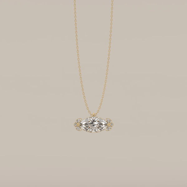 East West Marquise Lab Grown Diamond Pendant with Leaf Clusters in yellow gold, shown from the front.