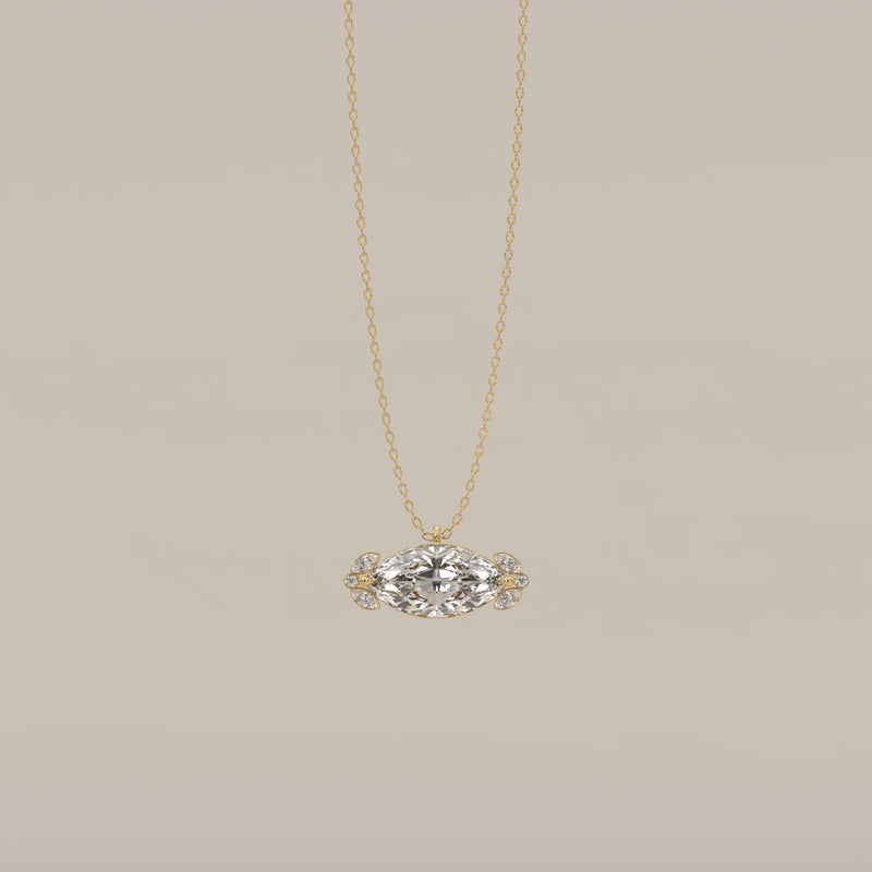 East West Marquise Lab Grown Diamond Pendant with Leaf Clusters in yellow gold, shown from the front.