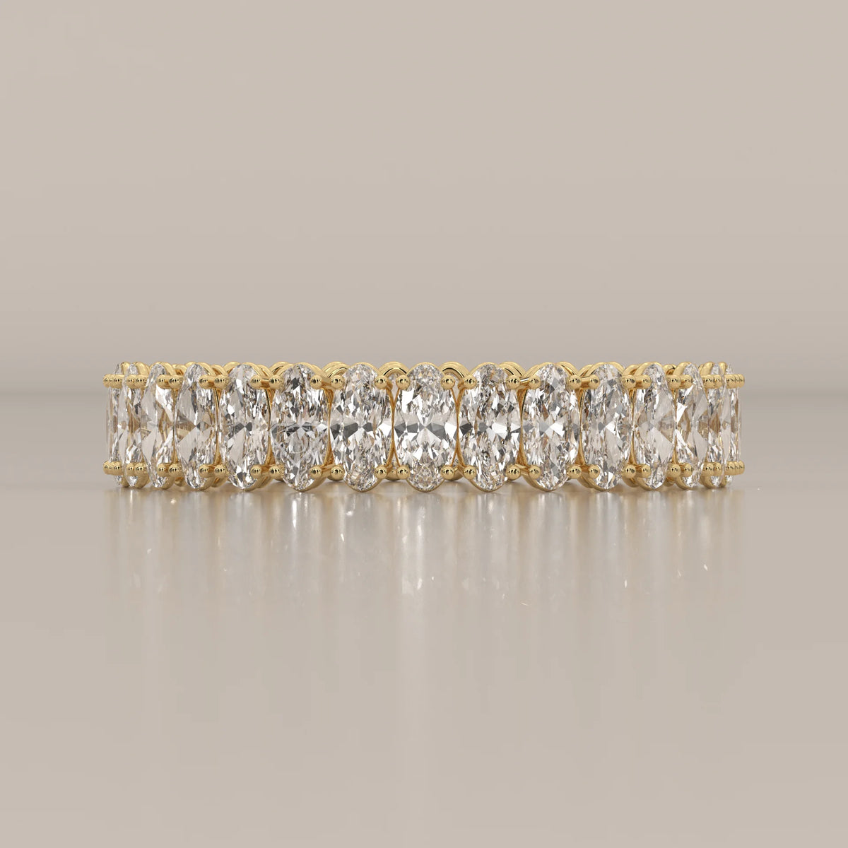 East West Oval Cut Lab Grown Diamond Full Eternity Band in yellow gold, photographed head-on.