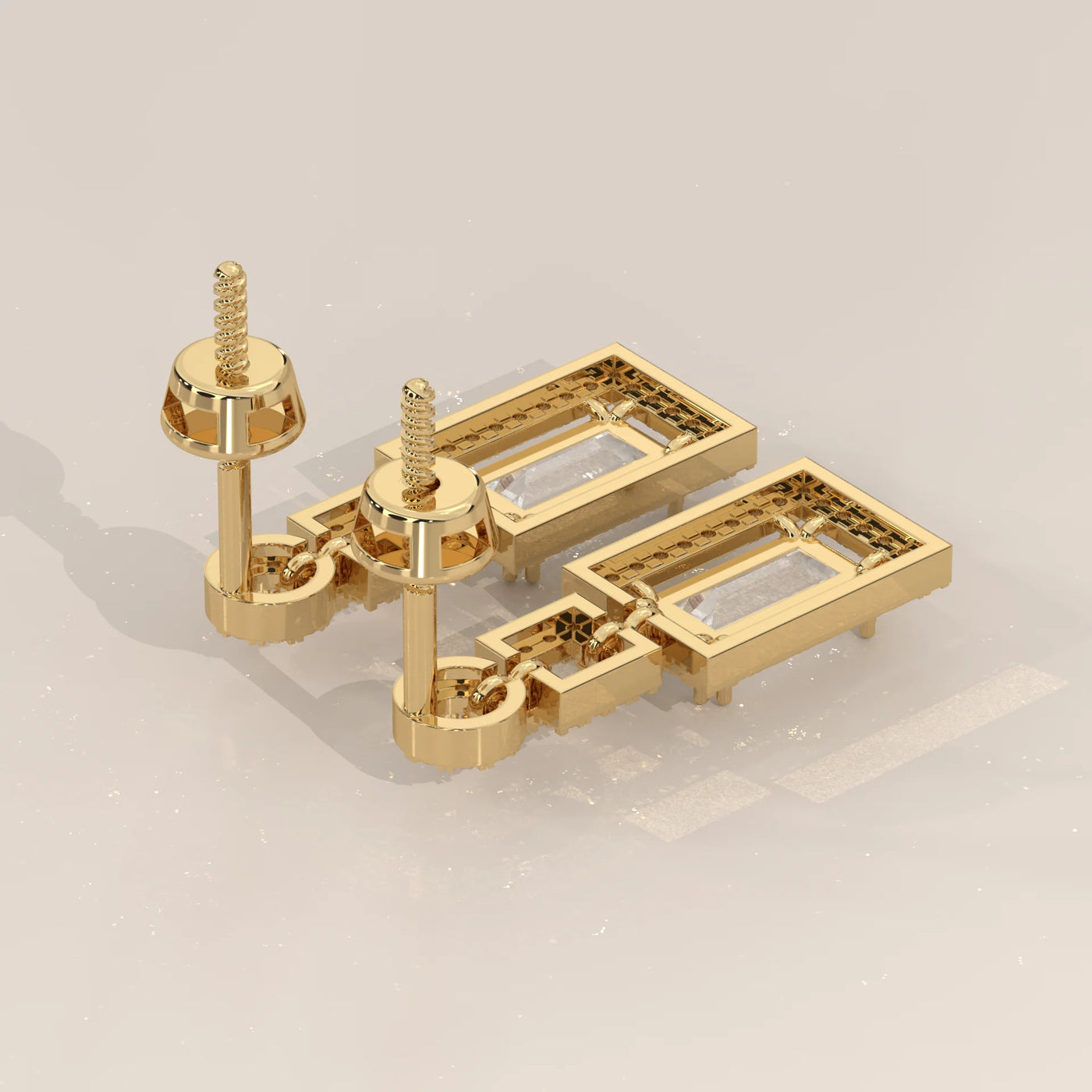 Angle View: Emerald Cut Diamond Dangle Earrings with Prong Setting in Yellow Gold – Lab Grown – Driona Jewels