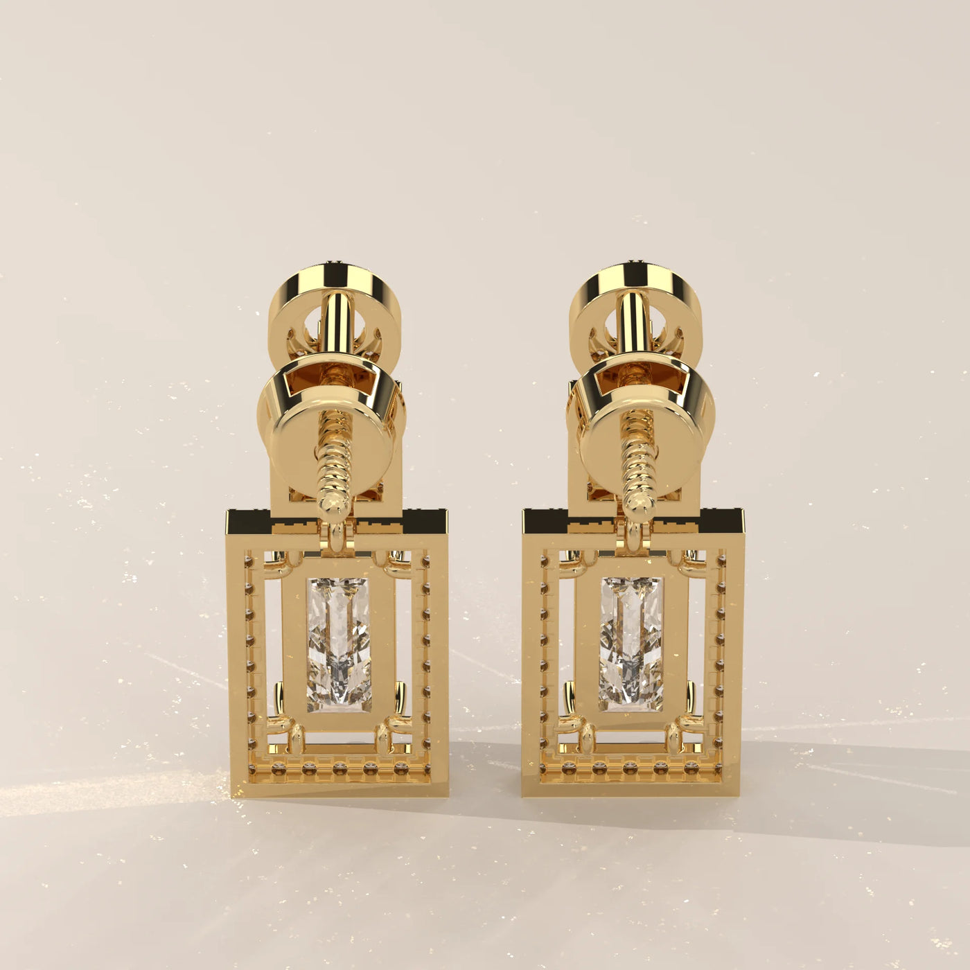 Back View: Emerald Cut Diamond Dangle Earrings with Prong Setting in Yellow Gold – Lab Grown – Driona Jewels