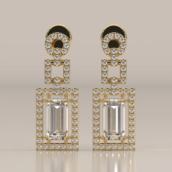 Front View: Emerald Cut Diamond Dangle Earrings with Prong Setting in Yellow Gold – Lab Grown – Driona Jewels