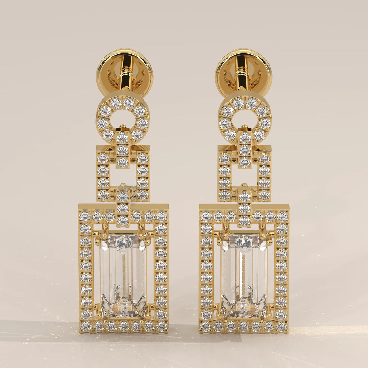 Pair Front View: Emerald Cut Diamond Dangle Earrings with Prong Setting in Yellow Gold – Lab Grown – Driona Jewels