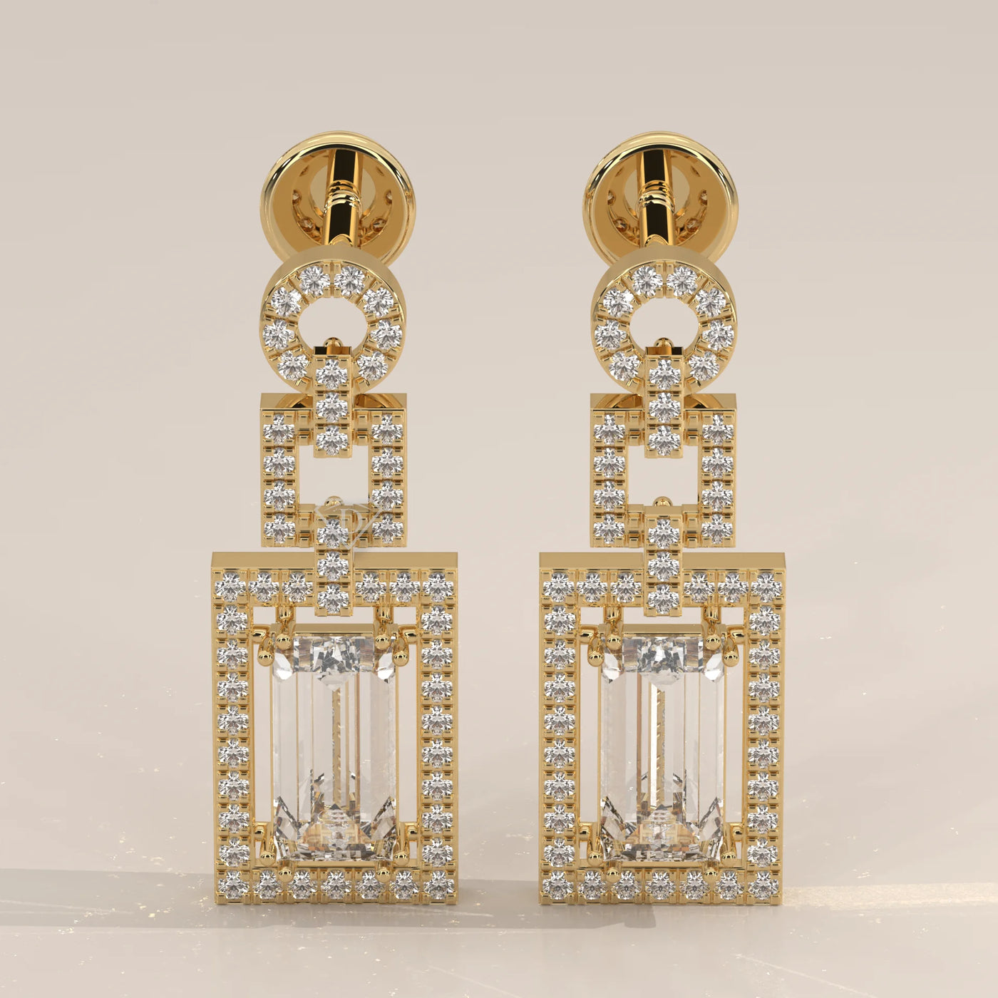 Pair Front View: Emerald Cut Diamond Dangle Earrings with Prong Setting in Yellow Gold – Lab Grown – Driona Jewels