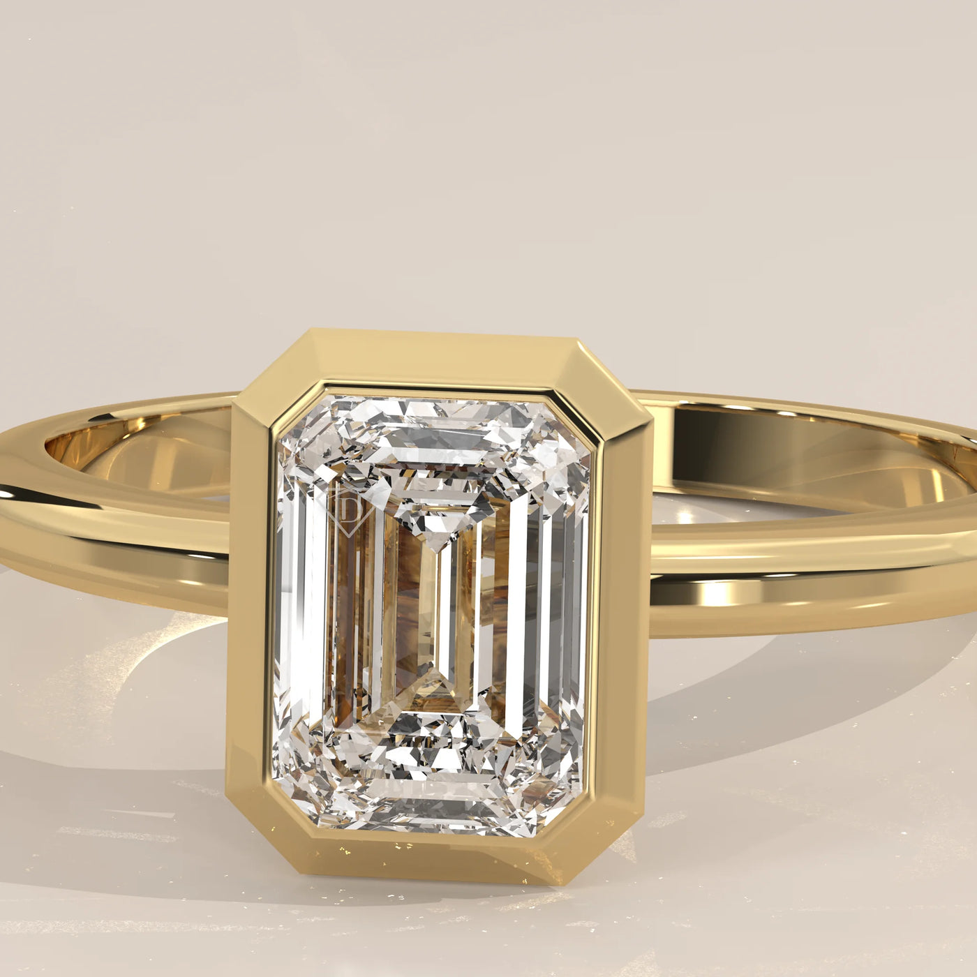 Stone Detail: Emerald Cut Lab Grown Diamonds in Bezel Setting – Yellow Gold – Driona Jewels