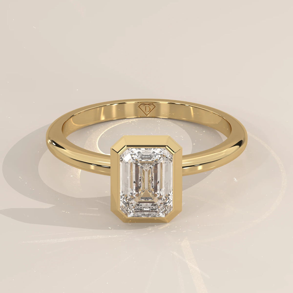 Three-Quarter View: Emerald Cut Diamond Ring with Bezel Setting in Yellow Gold – Lab Grown – Driona Jewels