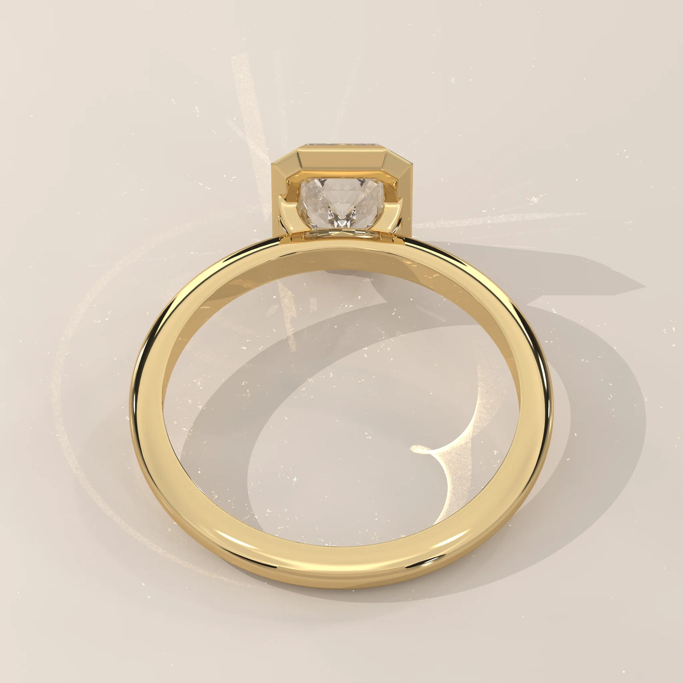 Top View: Emerald Cut Diamond Ring with Bezel Setting in Yellow Gold – Lab Grown – Driona Jewels