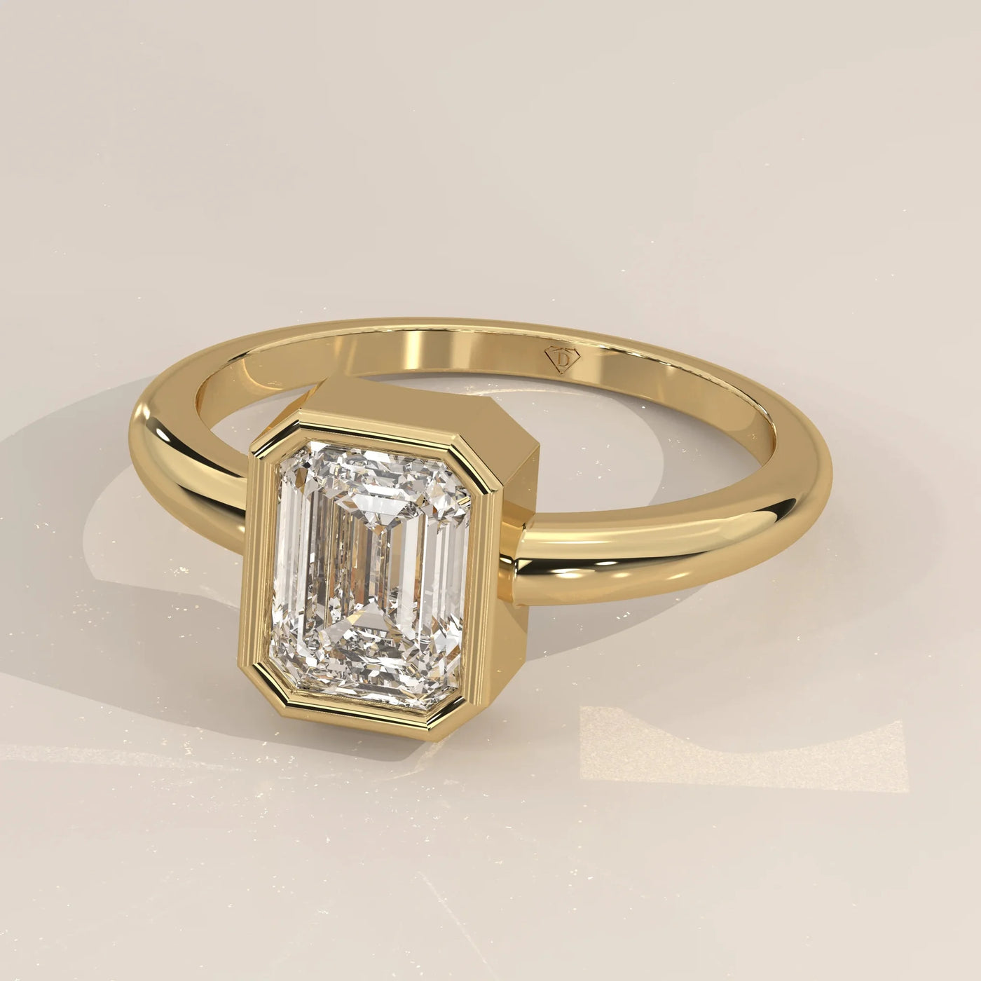 Front View: Emerald Cut Diamond Ring with Bezel Setting in Yellow Gold – Lab Grown – Driona Jewels