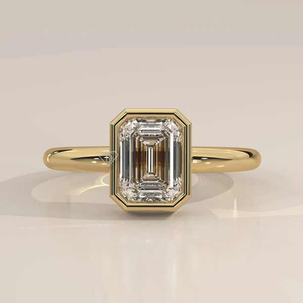 Front View: Emerald Cut Diamond Ring with Bezel Setting in Yellow Gold – Lab Grown – Driona Jewels