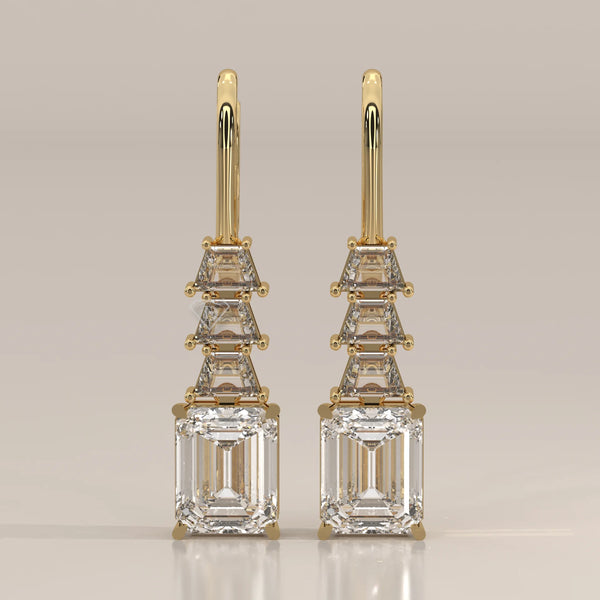 Front View: Emerald Cut Diamond Drop Earrings with Prong Setting in Yellow Gold – Lab Grown – Driona Jewels