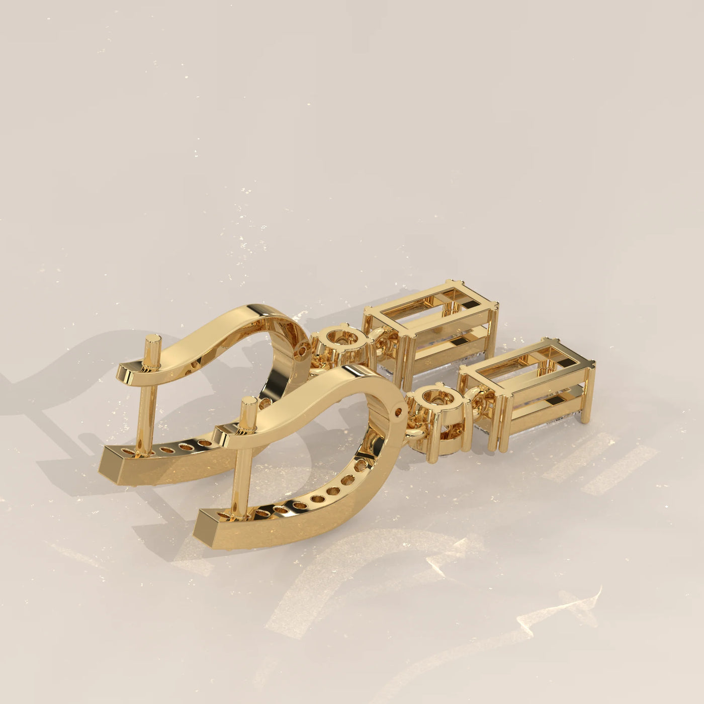 Angle View: Emerald Cut Diamond Drop Earrings with Pavé Setting in Yellow Gold – Lab Grown – Driona Jewels