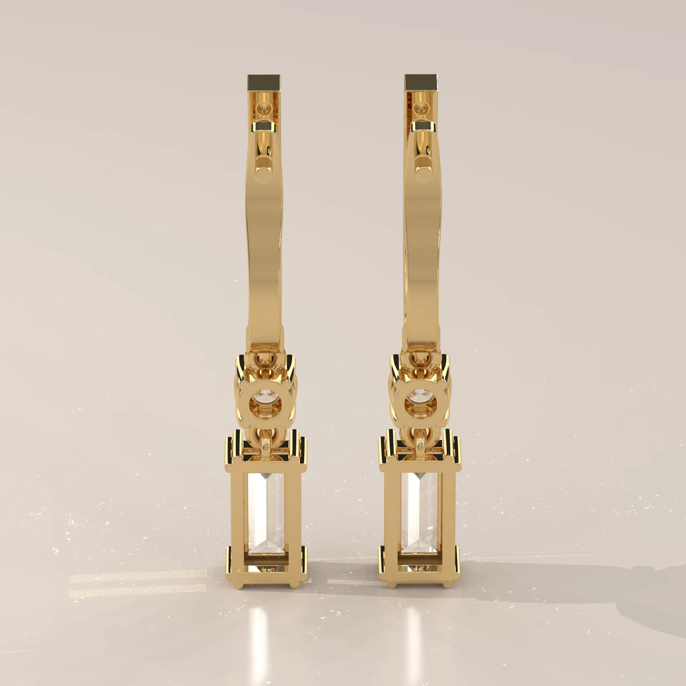 Back View: Emerald Cut Diamond Drop Earrings with Pavé Setting in Yellow Gold – Lab Grown – Driona Jewels