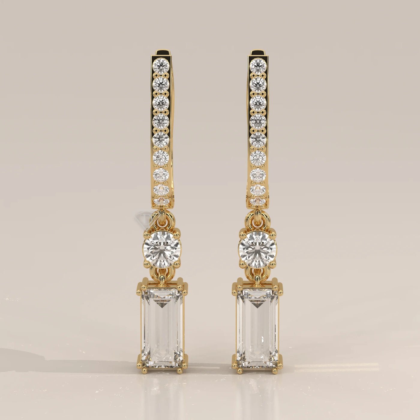 Front View: Emerald Cut Diamond Drop Earrings with Pavé Setting in Yellow Gold – Lab Grown – Driona Jewels