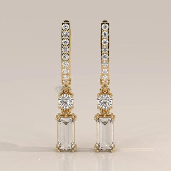 Front View: Emerald Cut Diamond Drop Earrings with Pavé Setting in Yellow Gold – Lab Grown – Driona Jewels