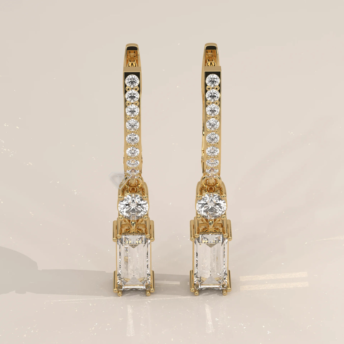 Pair Front View: Emerald Cut Diamond Drop Earrings with Pavé Setting in Yellow Gold – Lab Grown – Driona Jewels
