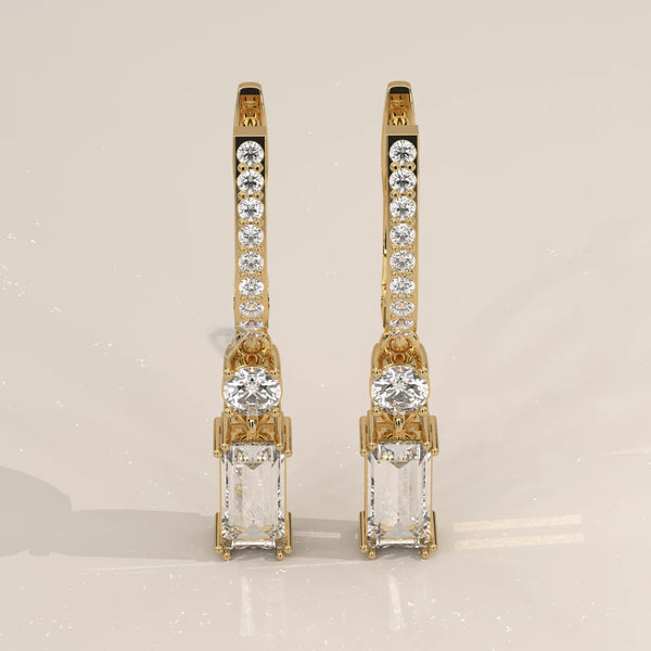 Pair Front View: Emerald Cut Diamond Drop Earrings with Pavé Setting in Yellow Gold – Lab Grown – Driona Jewels