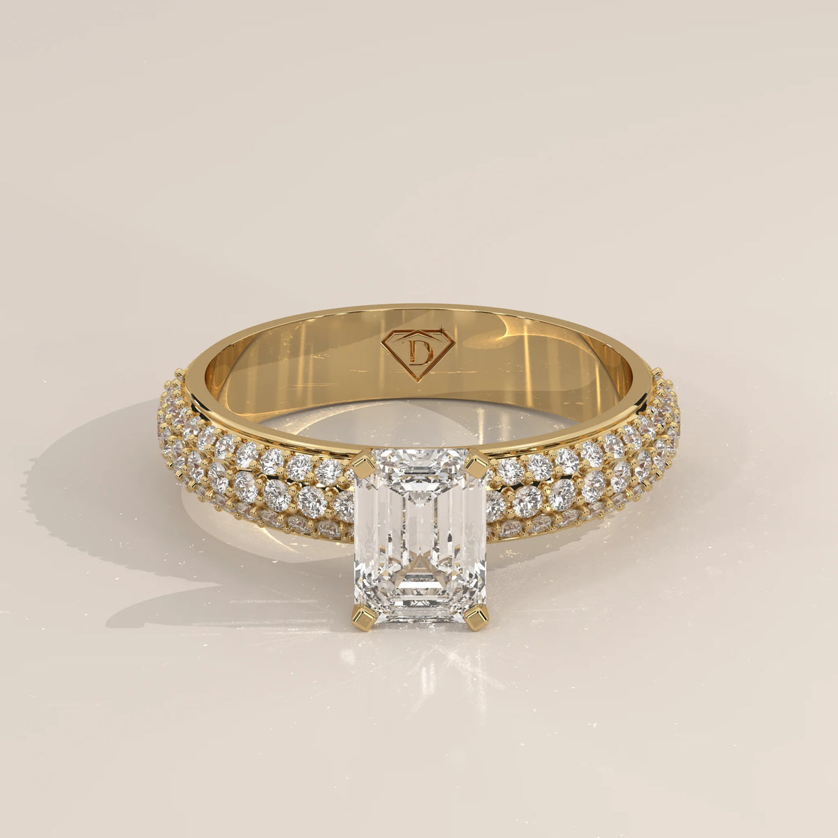 Three-Quarter View: Emerald Cut Diamond Ring with Pavé Setting in Yellow Gold – Lab Grown – Driona Jewels