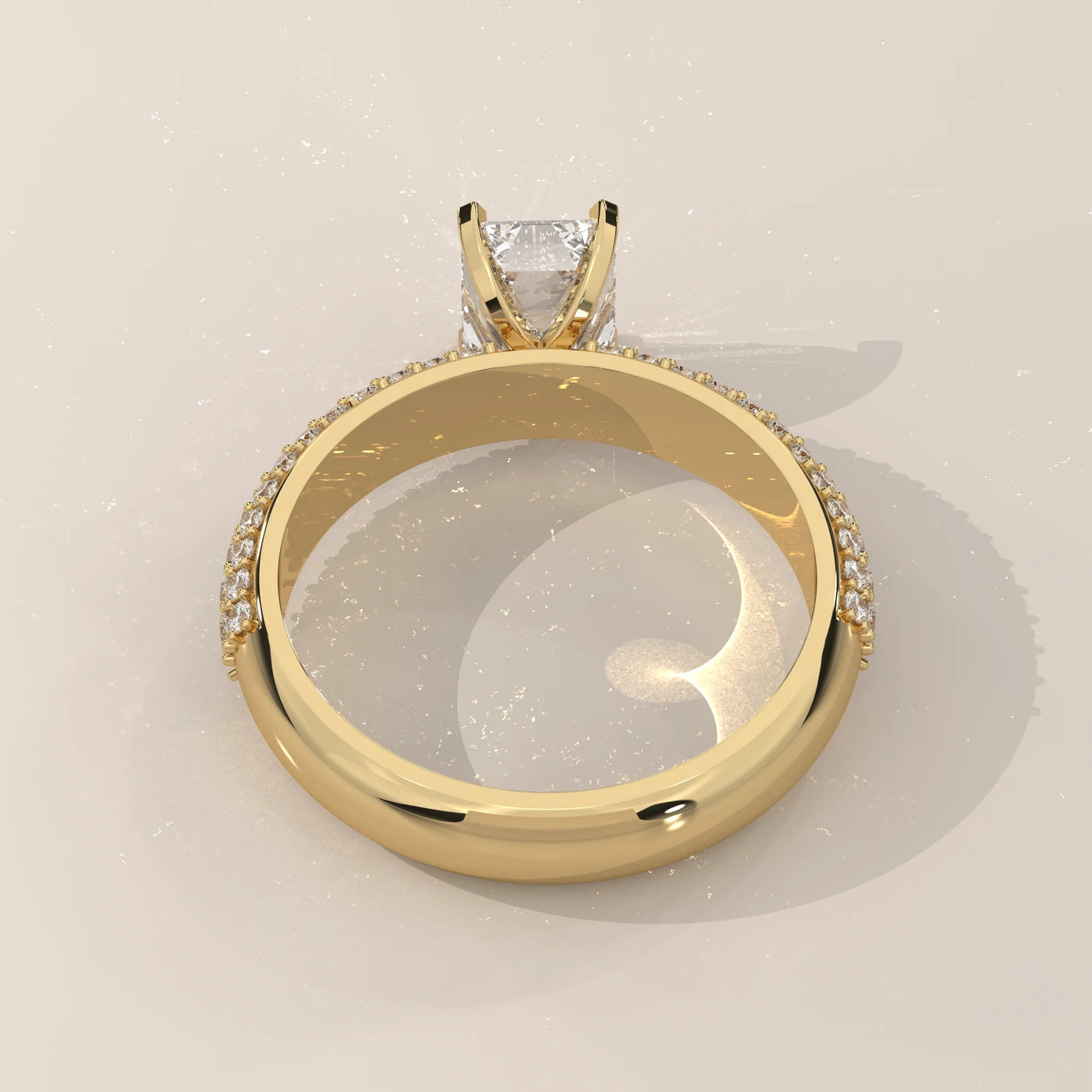 Top View: Emerald Cut Diamond Ring with Pavé Setting in Yellow Gold – Lab Grown – Driona Jewels