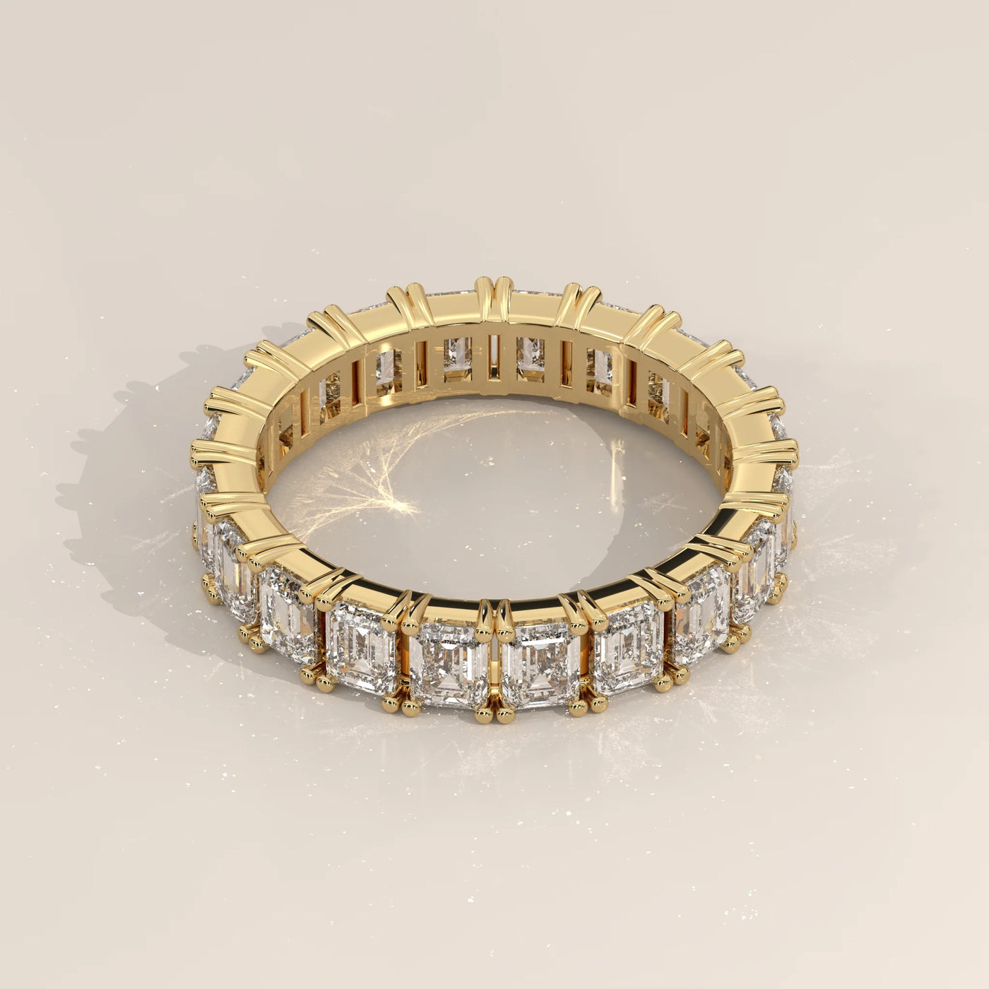 Angle View: Emerald Cut Diamond Eternity Band with Eternity Setting in Yellow Gold – Lab Grown – Driona Jewels