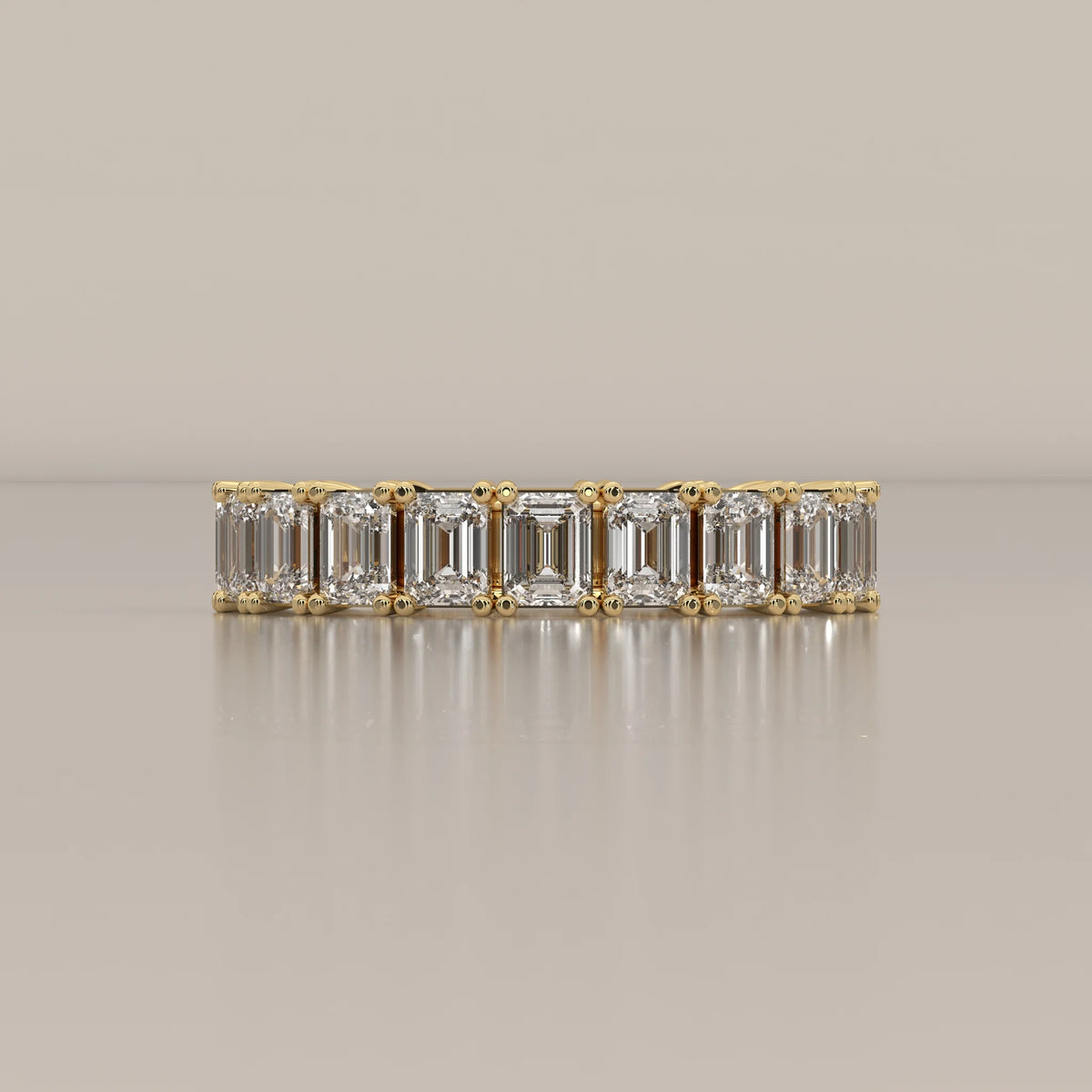 Side Profile: Emerald Cut Diamond Eternity Band with Eternity Setting in Yellow Gold – Lab Grown – Driona Jewels