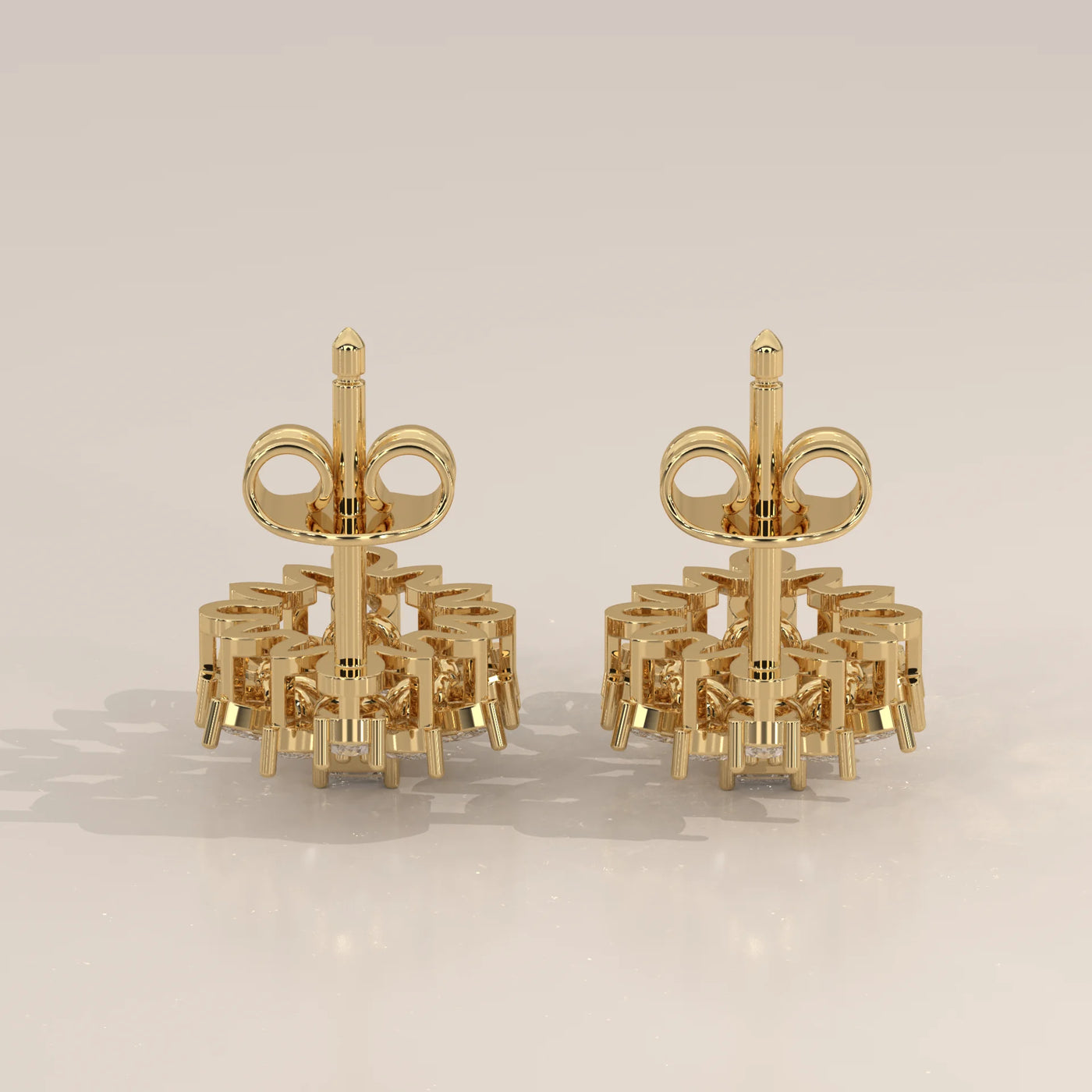 Angle View: Emerald Cut Diamond Stud Earrings with Halo Setting in Yellow Gold – Lab Grown – Driona Jewels