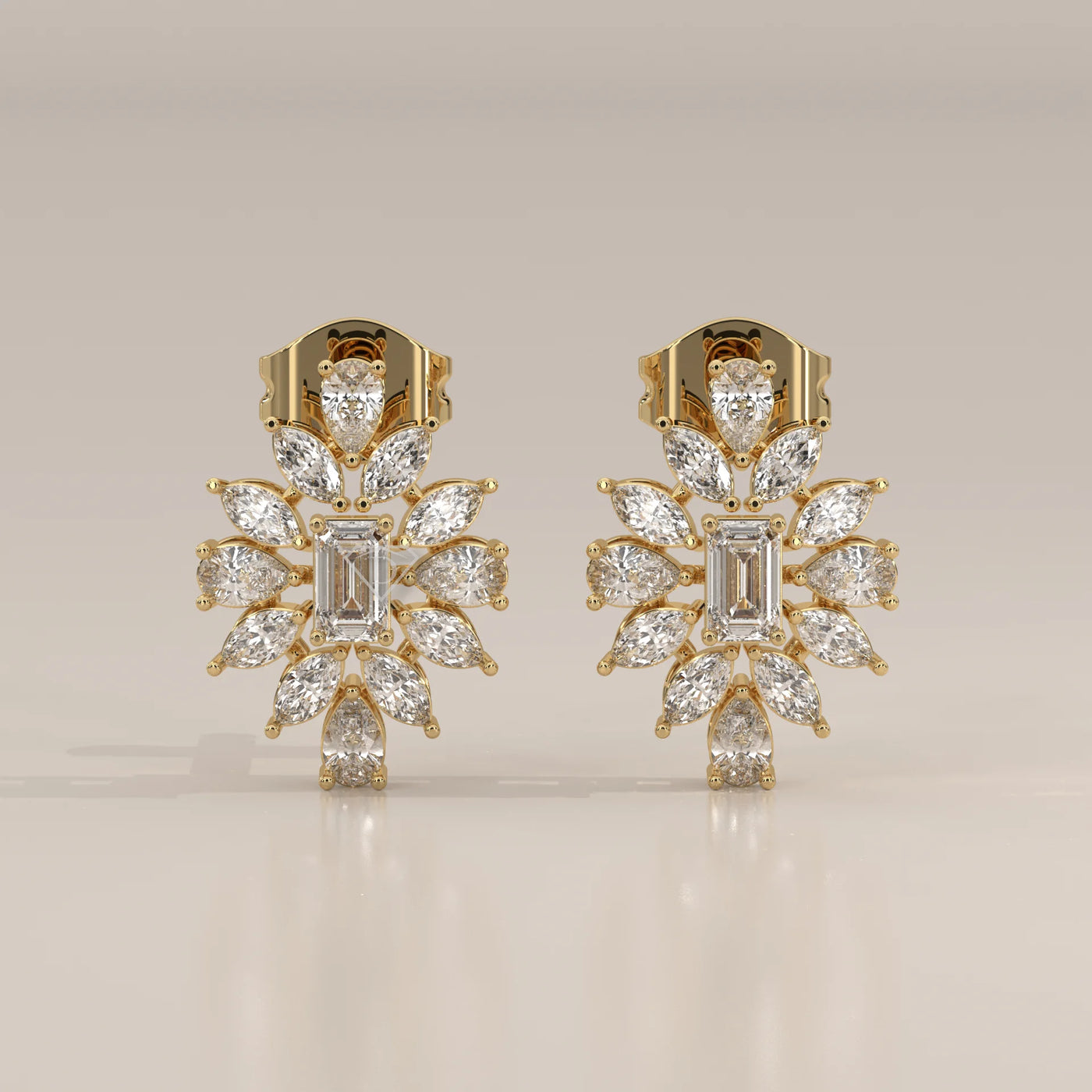 Front View: Emerald Cut Diamond Stud Earrings with Halo Setting in Yellow Gold – Lab Grown – Driona Jewels