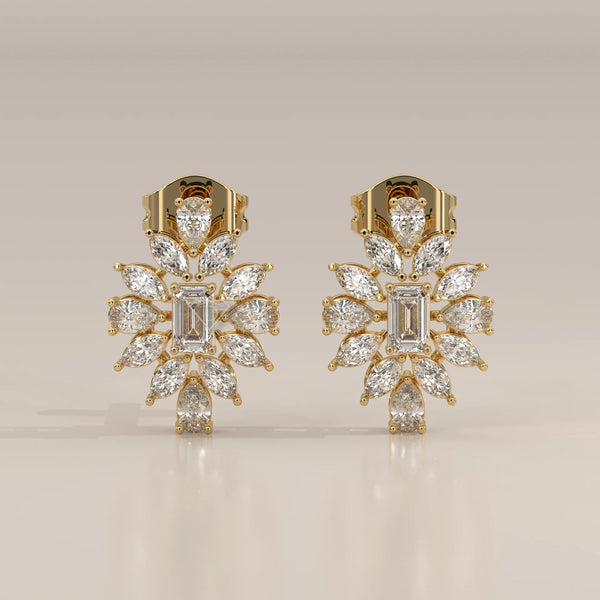 Front View: Emerald Cut Diamond Stud Earrings with Halo Setting in Yellow Gold – Lab Grown – Driona Jewels