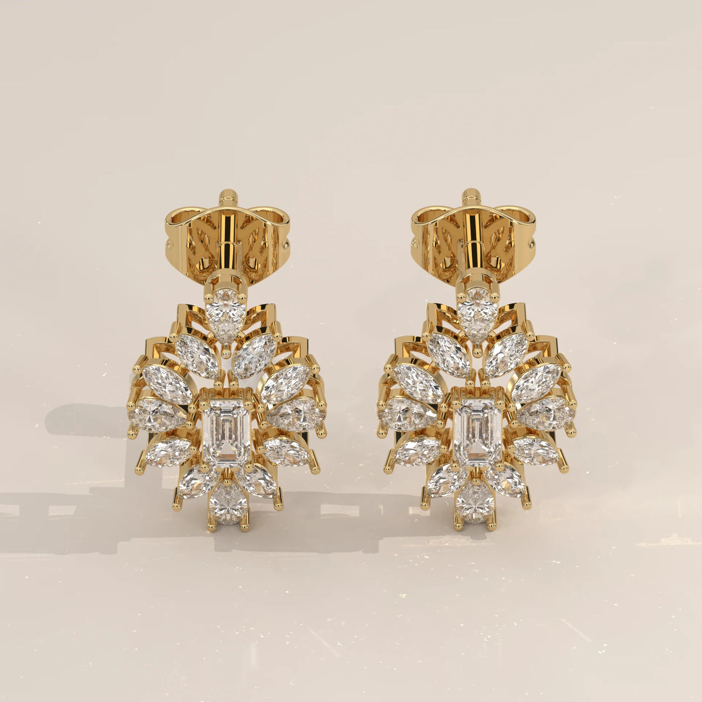 Pair Front View: Emerald Cut Diamond Stud Earrings with Halo Setting in Yellow Gold – Lab Grown – Driona Jewels