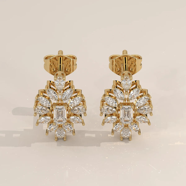 Pair Front View: Emerald Cut Diamond Stud Earrings with Halo Setting in Yellow Gold – Lab Grown – Driona Jewels