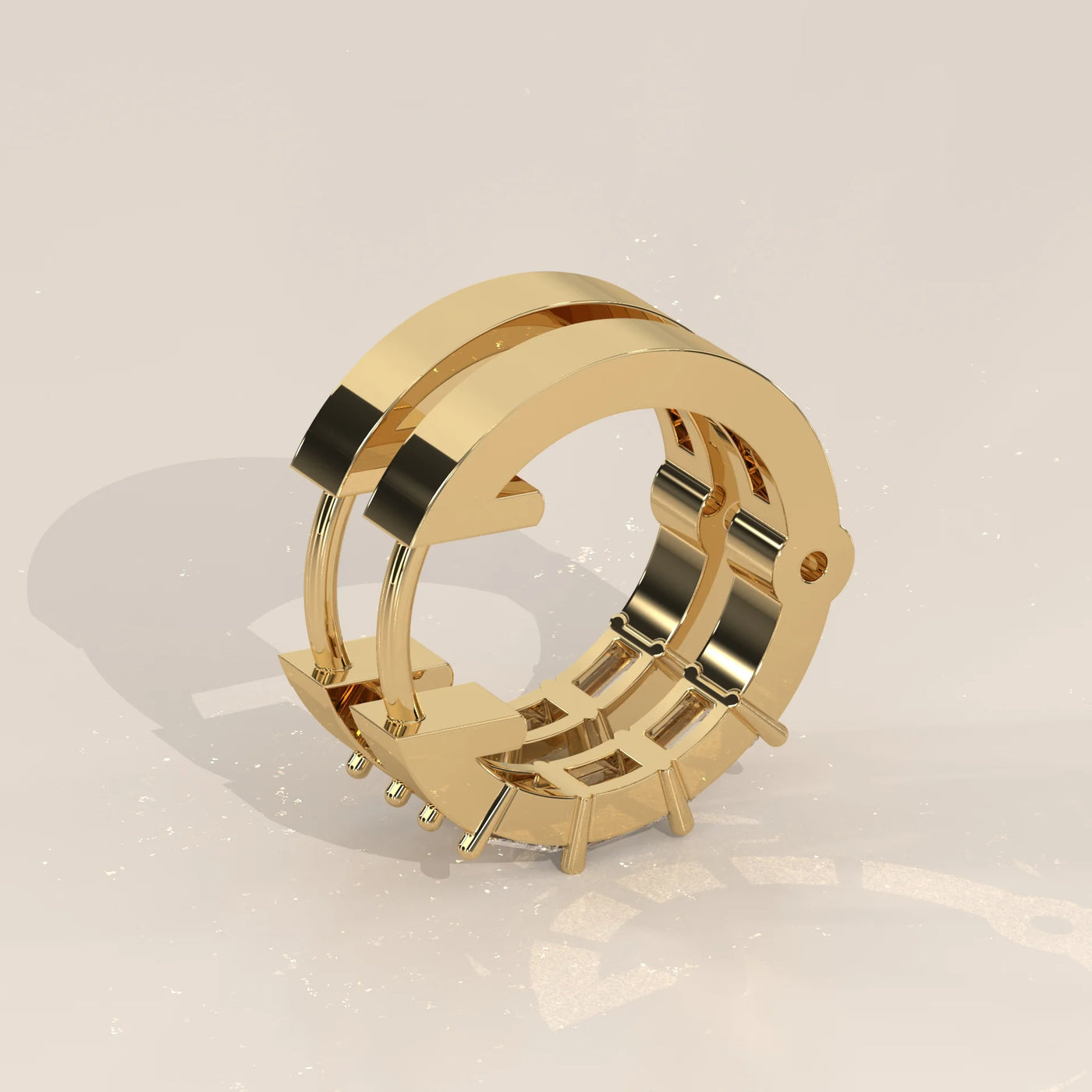 Angle View: Emerald Cut Diamond Huggie Hoop Earrings with Prong Setting in Yellow Gold – Lab Grown – Driona Jewels