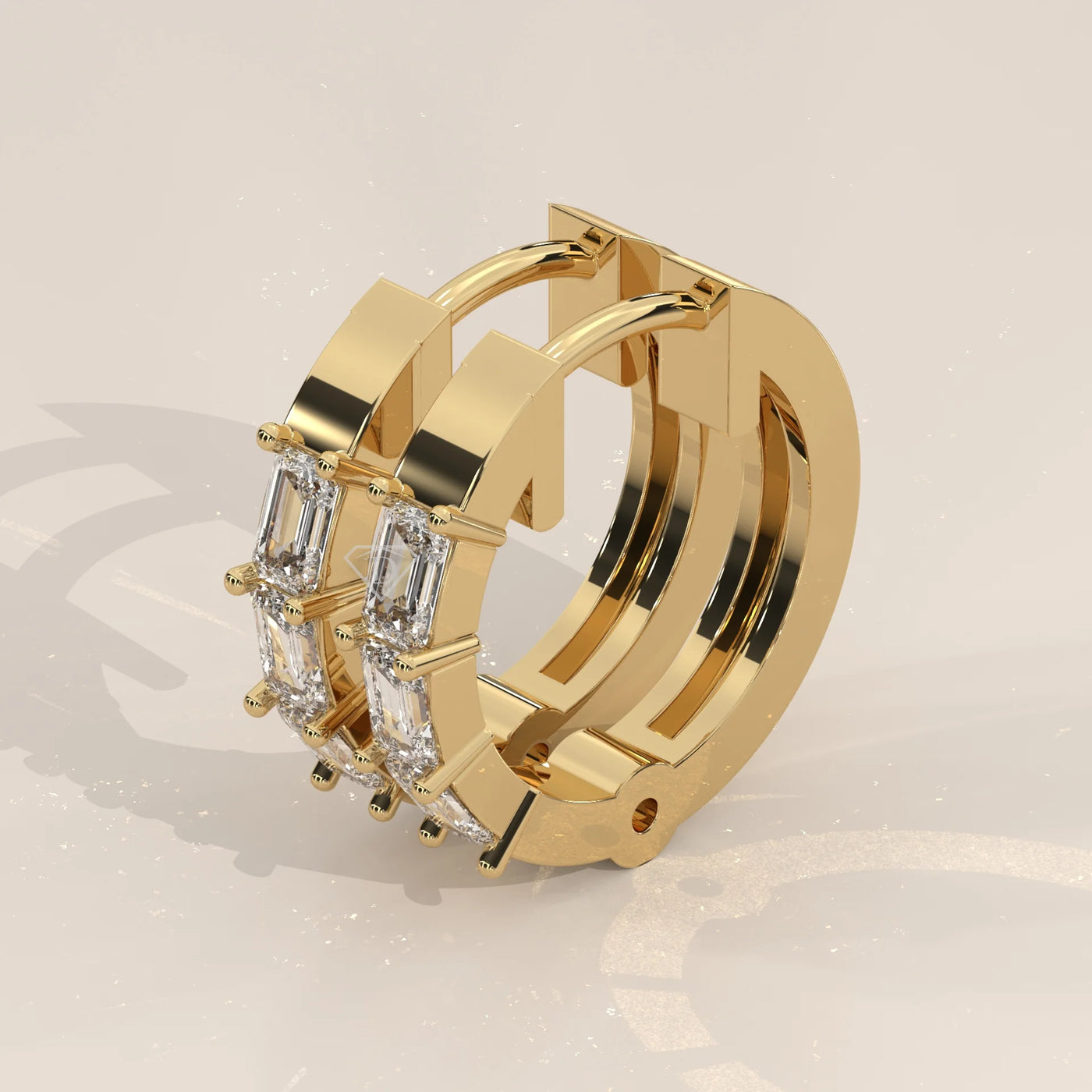 Three-Quarter View: Emerald Cut Diamond Huggie Hoop Earrings with Prong Setting in Yellow Gold – Lab Grown – Driona Jewels