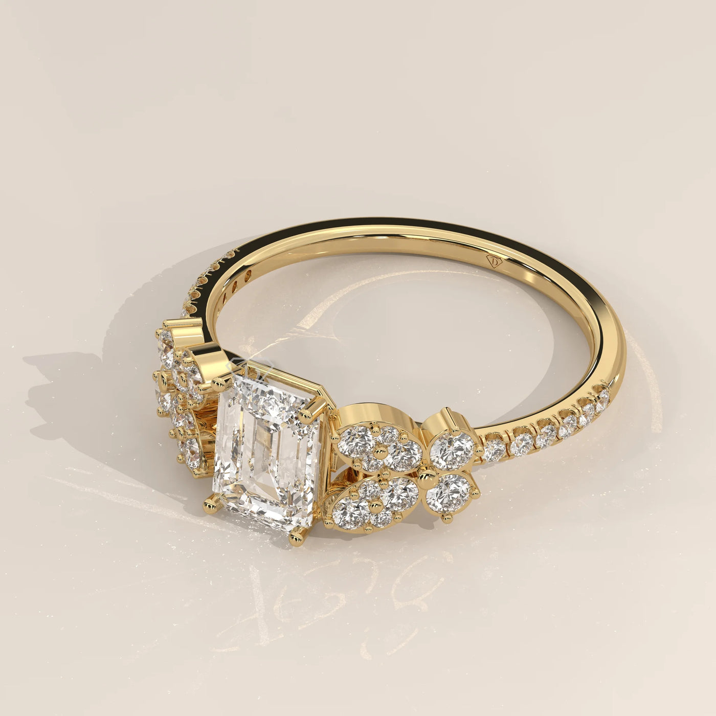 Angle View: Emerald Cut Diamond Ring with Cluster Setting in Yellow Gold – Lab Grown – Driona Jewels