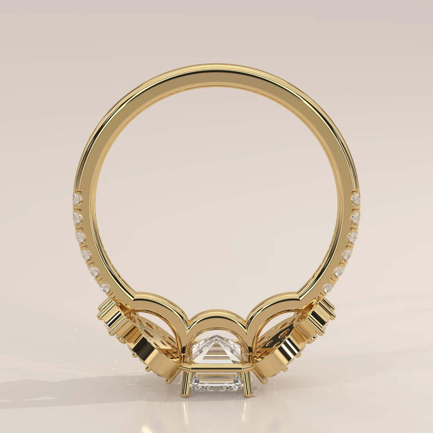 Front View: Emerald Cut Diamond Ring with Cluster Setting in Yellow Gold – Lab Grown – Driona Jewels